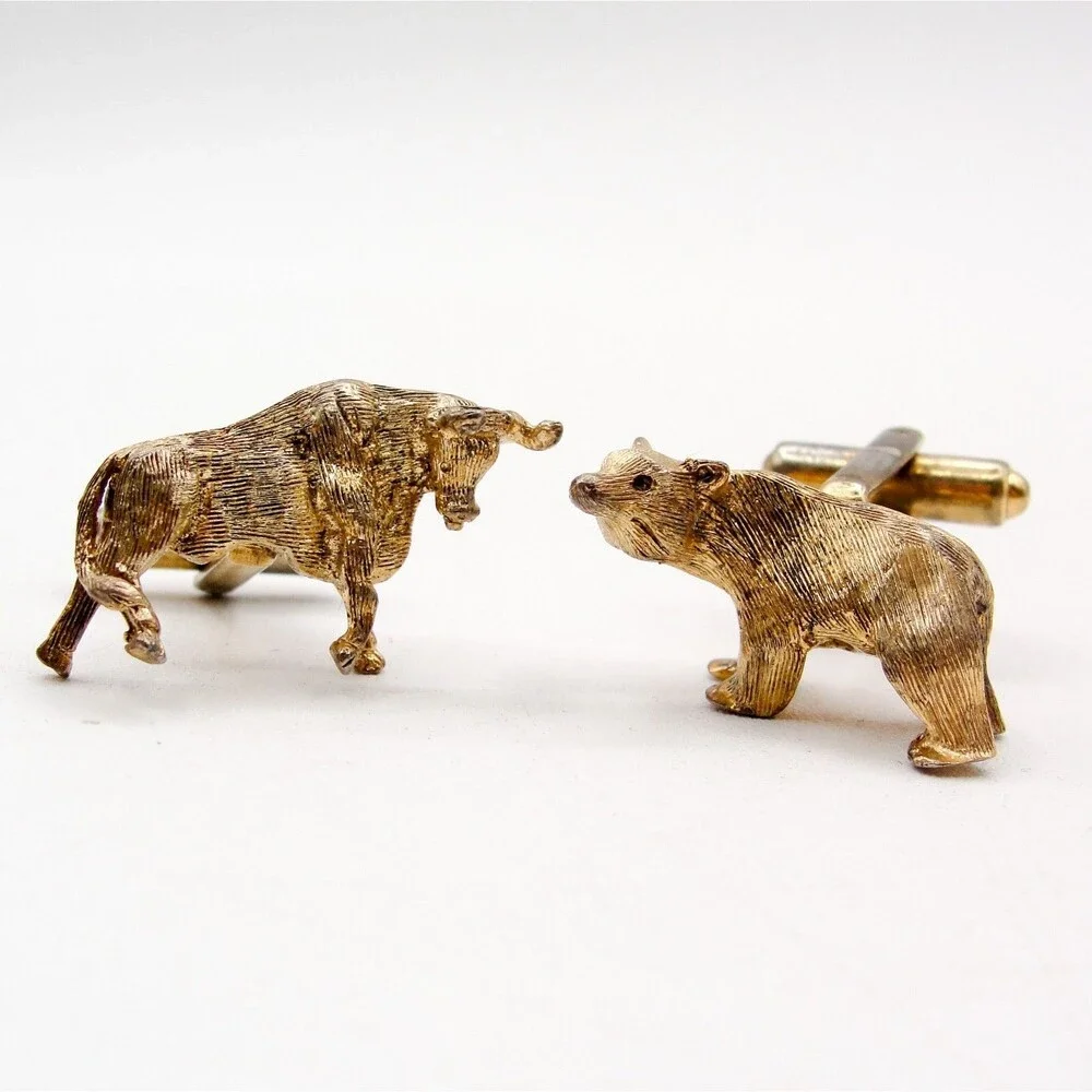 Vintage Sterling Silver Bull & Bear Cufflinks Gold Wash Stock Broker Wall Street